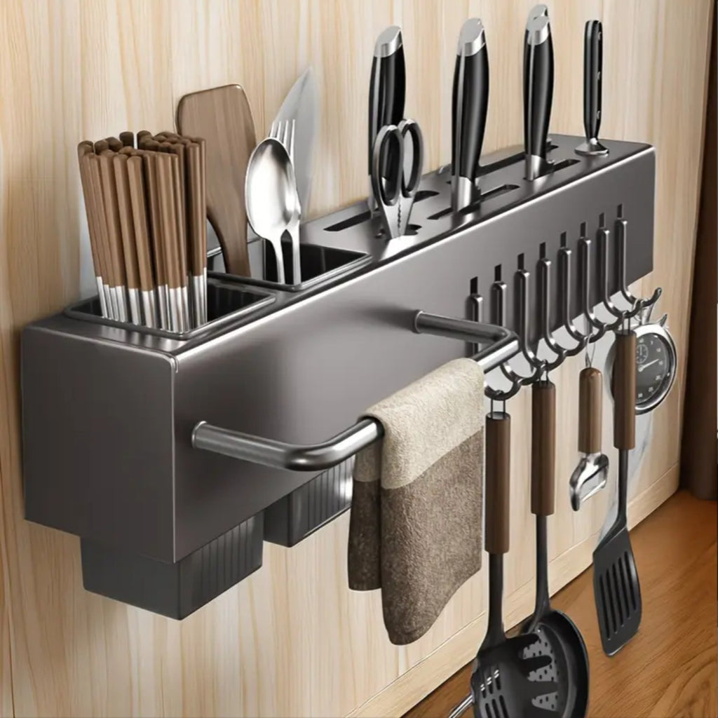 Multi-Functional Wall-Mounted Kitchen Organizer - Heavy-Duty Carbon Steel  Holder, Professional Japanese  Storage Rack, No-Drill Installation, Suitable for Storing Knives, Utensils, and Cutting Boards in Homes and Restaurants