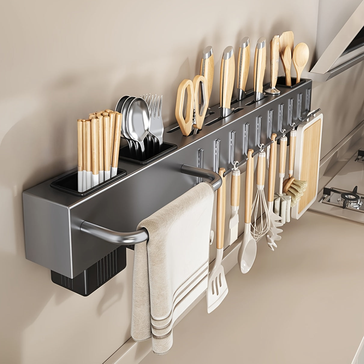 Multi-Functional Wall-Mounted Kitchen Organizer - Heavy-Duty Carbon Steel  Holder, Professional Japanese  Storage Rack, No-Drill Installation, Suitable for Storing Knives, Utensils, and Cutting Boards in Homes and Restaurants