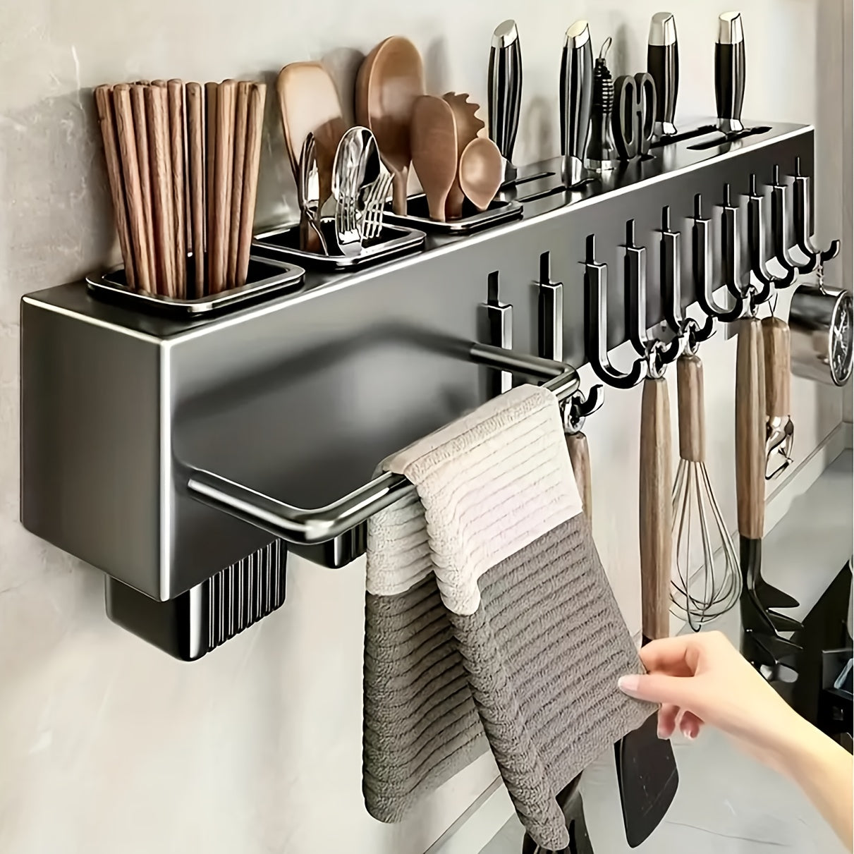 Multi-Functional Wall-Mounted Kitchen Organizer - Heavy-Duty Carbon Steel  Holder, Professional Japanese  Storage Rack, No-Drill Installation, Suitable for Storing Knives, Utensils, and Cutting Boards in Homes and Restaurants