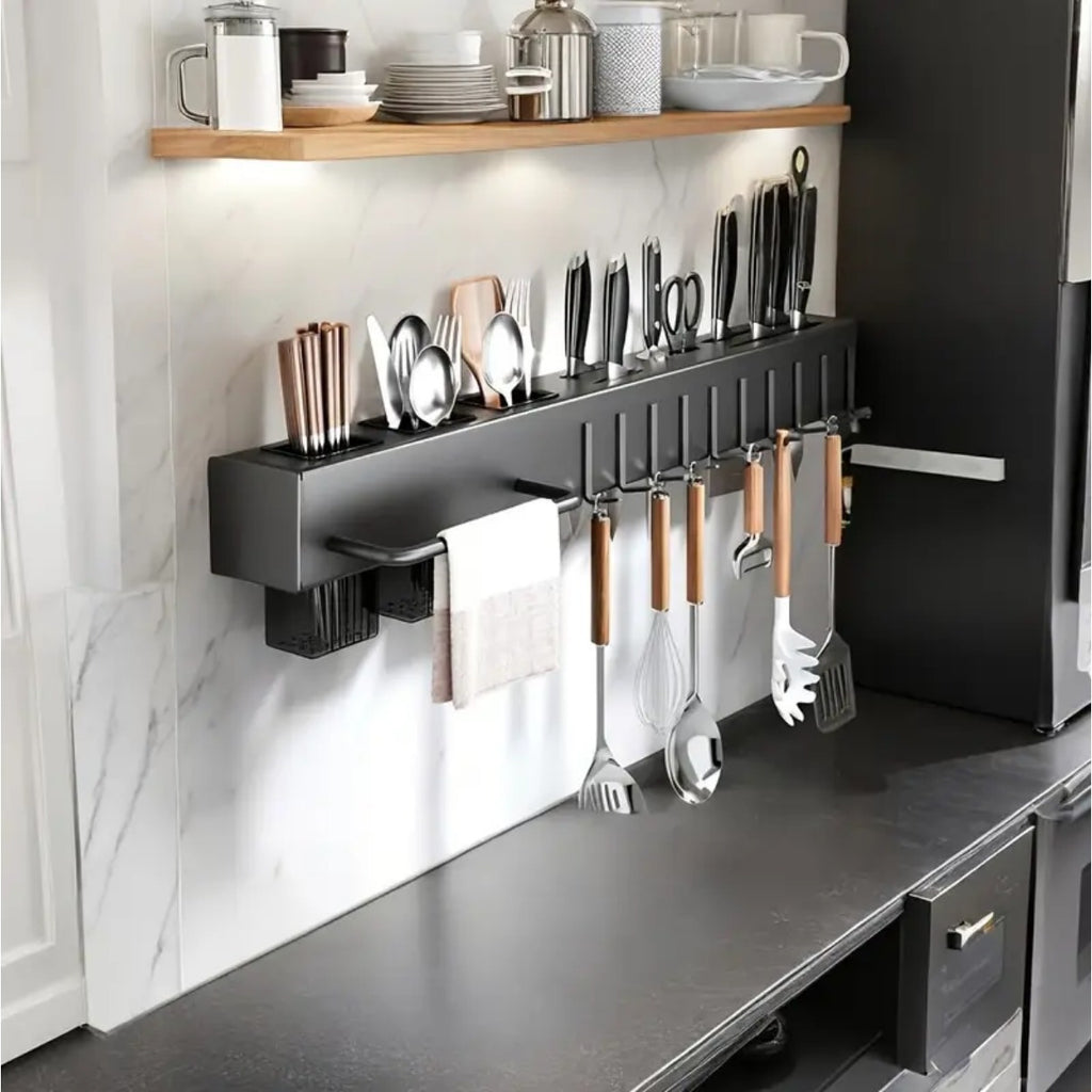 Multi-Functional Wall-Mounted Kitchen Organizer - Heavy-Duty Carbon Steel  Holder, Professional Japanese  Storage Rack, No-Drill Installation, Suitable for Storing Knives, Utensils, and Cutting Boards in Homes and Restaurants