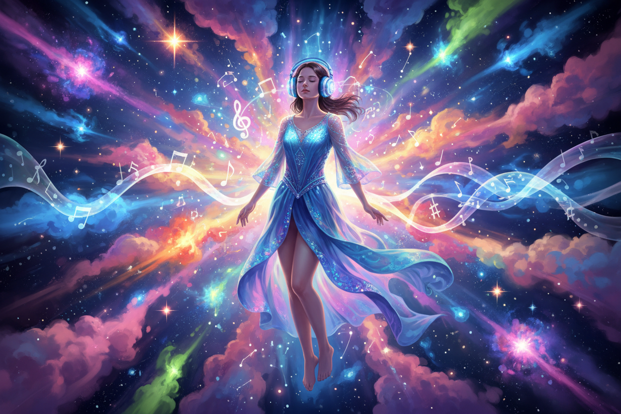 chica con audifonos en una galaxia sideral musical excuchado musica super bonita con colres vivos y explosivos 